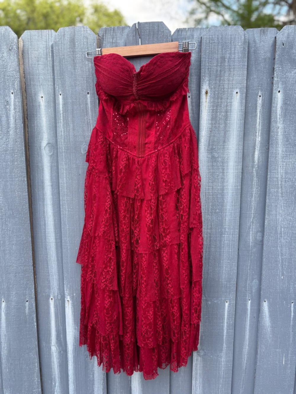 The Pyramid Collection Strapless Burgundy Lace Tiered Dress